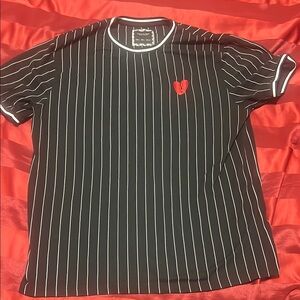 Men's Black Striped Shirt with Red Heart Patch